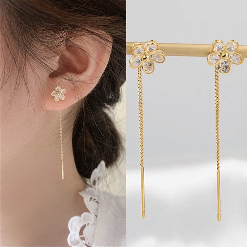 Tropfenohrringe Lang Hängendes Ohr für Frauen Roségoldfarbene Zirkon Kristall Piercing Fadengarn Ohrringe Ohrrad-Zubehör Schmuck