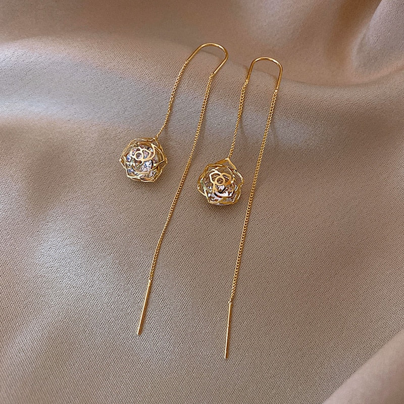 Tropfenohrringe Lang Hängendes Ohr für Frauen Roségoldfarbene Zirkon Kristall Piercing Fadengarn Ohrringe Ohrrad-Zubehör Schmuck