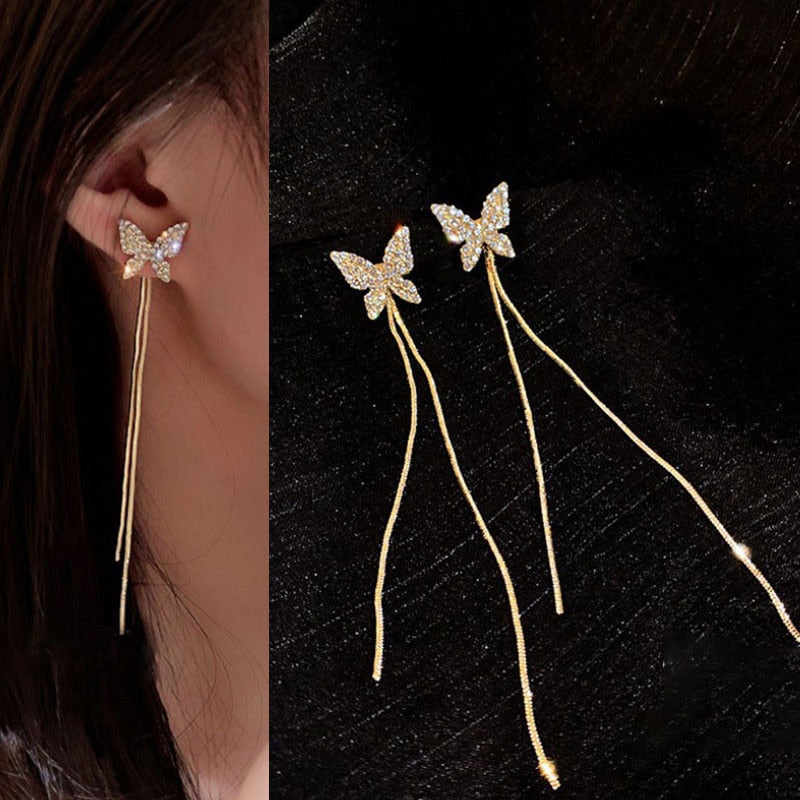 Tropfenohrringe Lang Hängendes Ohr für Frauen Roségoldfarbene Zirkon Kristall Piercing Fadengarn Ohrringe Ohrrad-Zubehör Schmuck