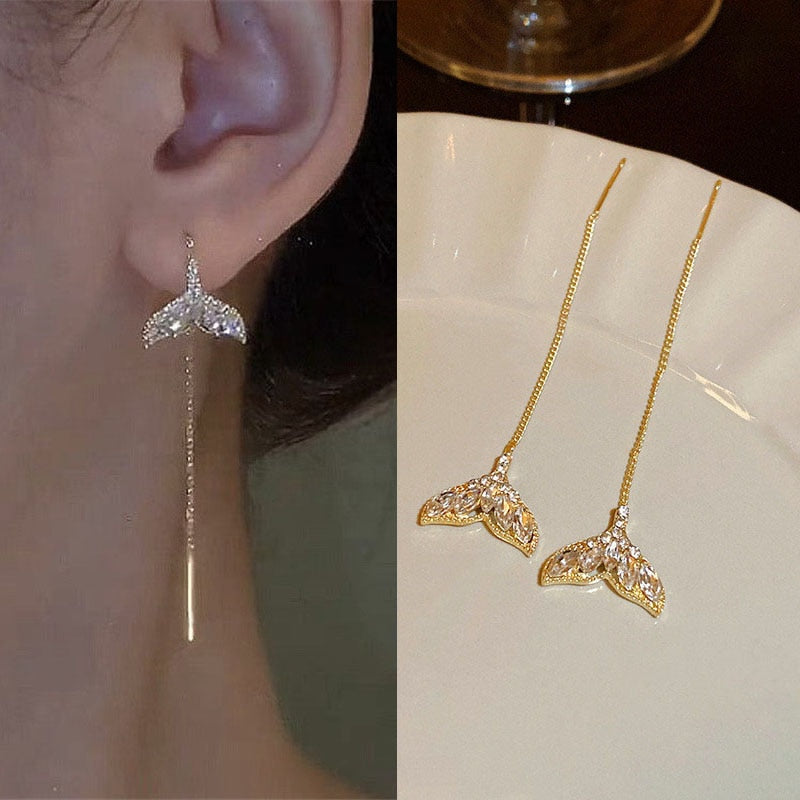 Tropfenohrringe Lang Hängendes Ohr für Frauen Roségoldfarbene Zirkon Kristall Piercing Fadengarn Ohrringe Ohrrad-Zubehör Schmuck